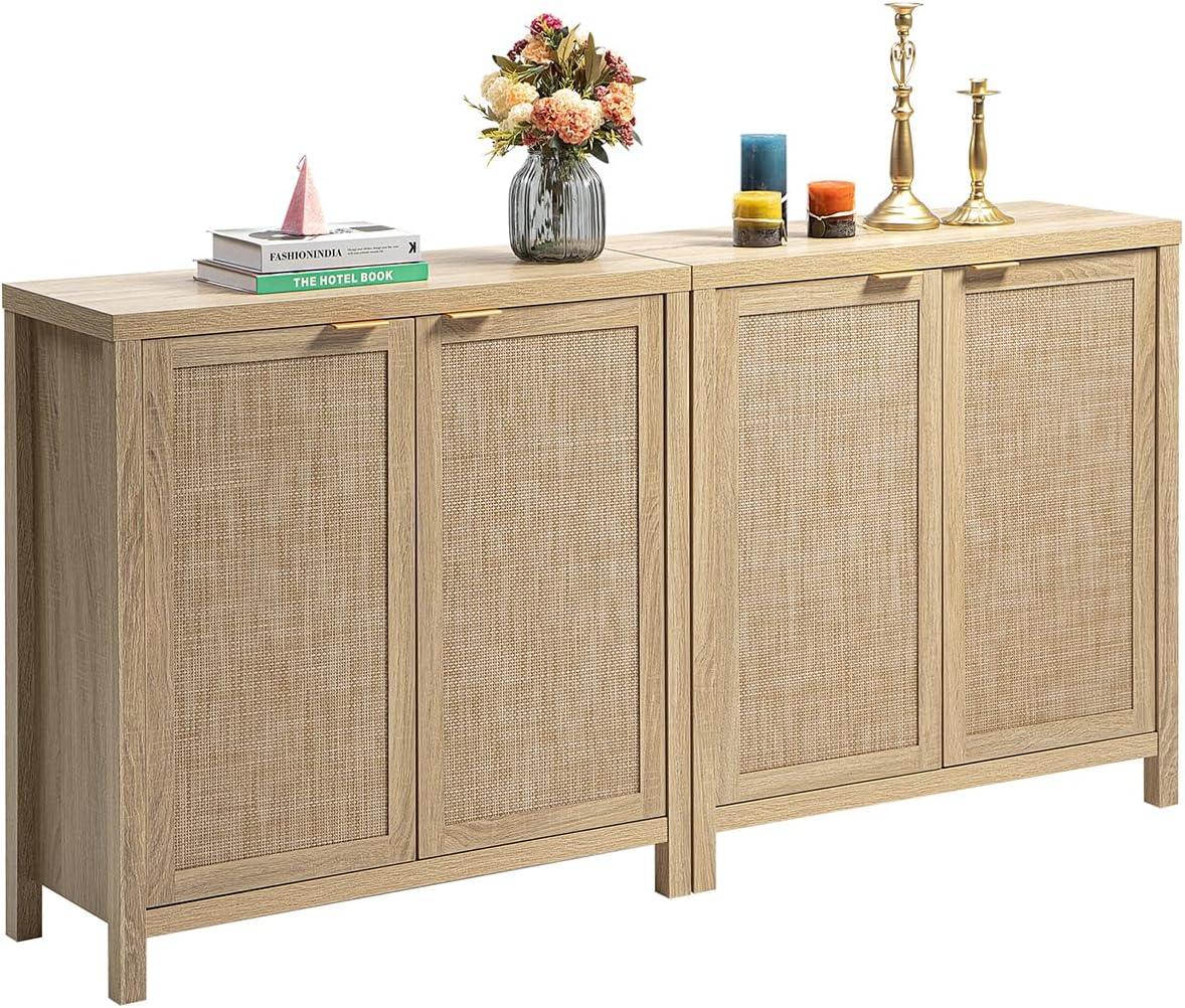 Modern light wood sideboard cabinet with rattan doors, books, flowers, candles, and brass candlesticks
