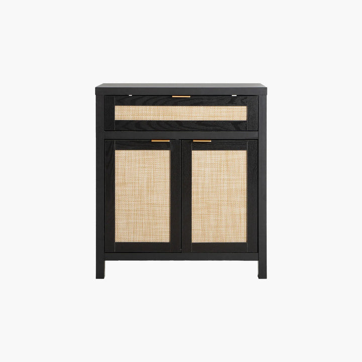 Black wood cabinet with rattan panels and gold handles, modern accent furniture