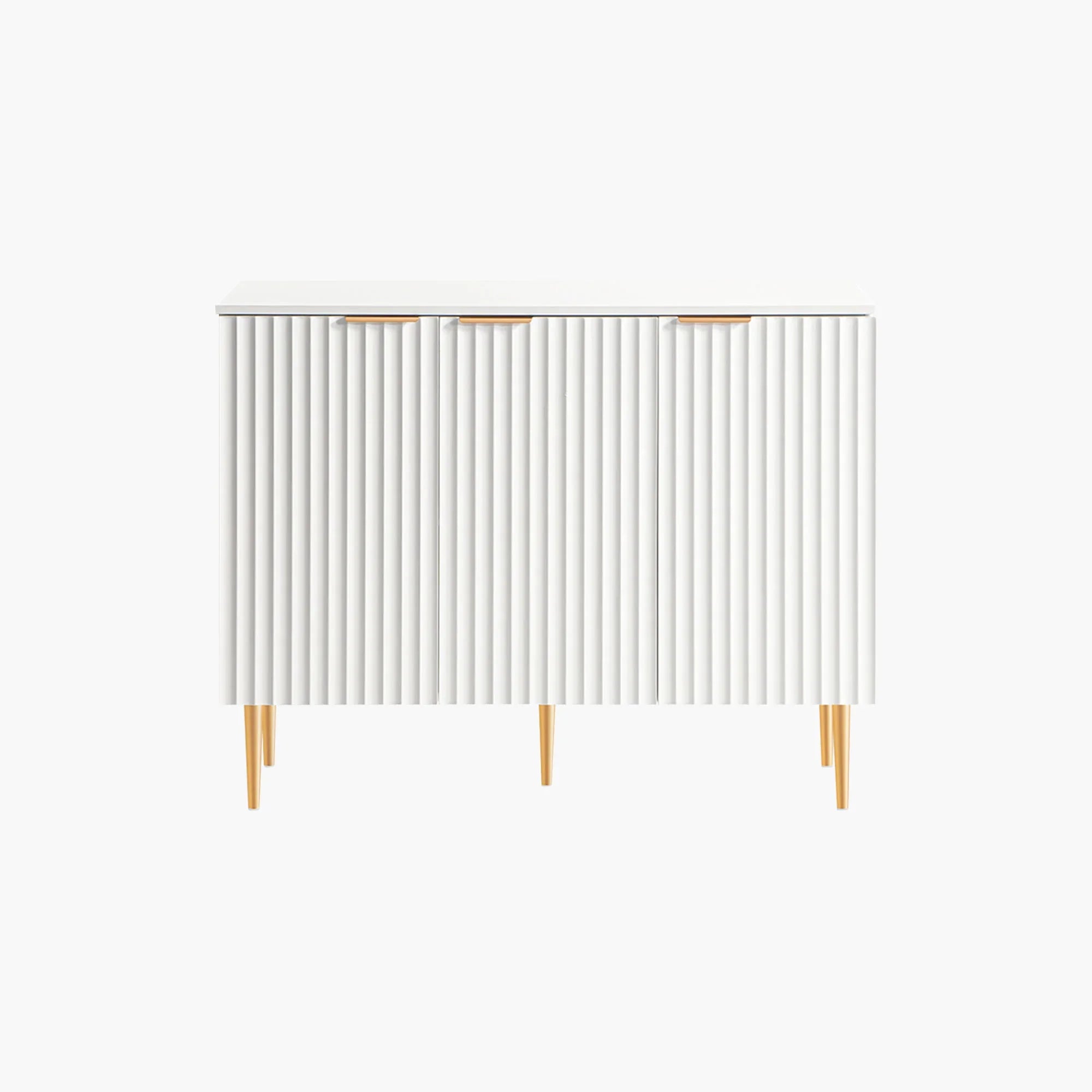 Modern white sideboard with fluted doors and light wooden legs, minimalist cabinet design