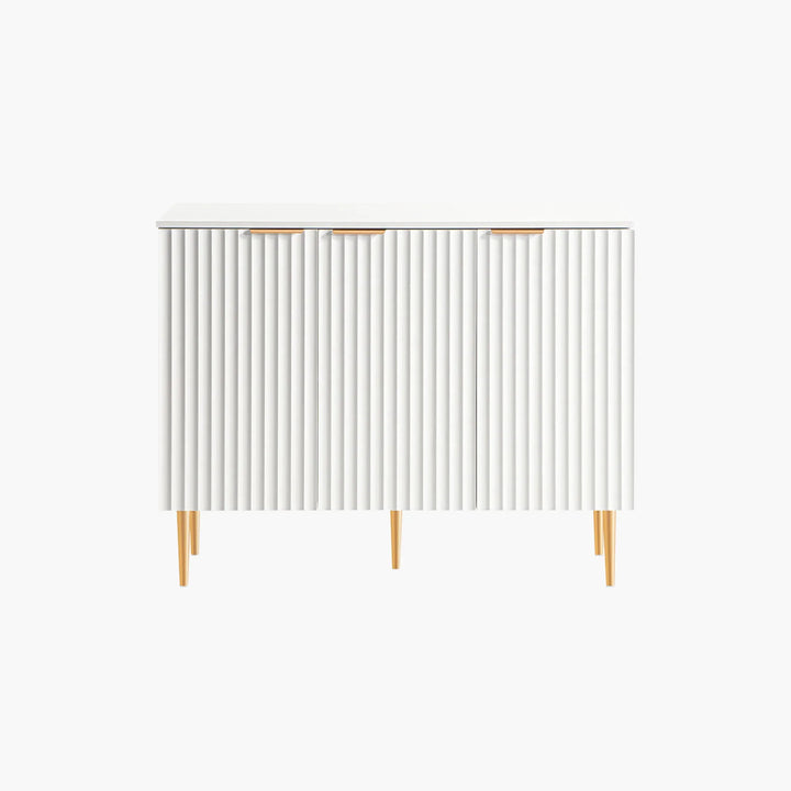 Modern white sideboard with fluted doors and light wooden legs, minimalist cabinet design