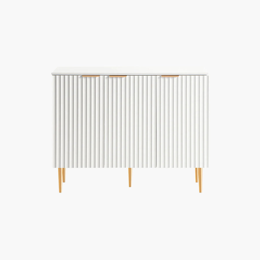 Modern white sideboard with fluted doors and light wooden legs, minimalist cabinet design