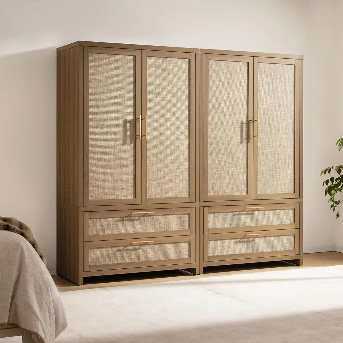 Savanna Rattan Wardrobe, 2 Drawers - 2 Pieces - Reclaimed Caramel Oak