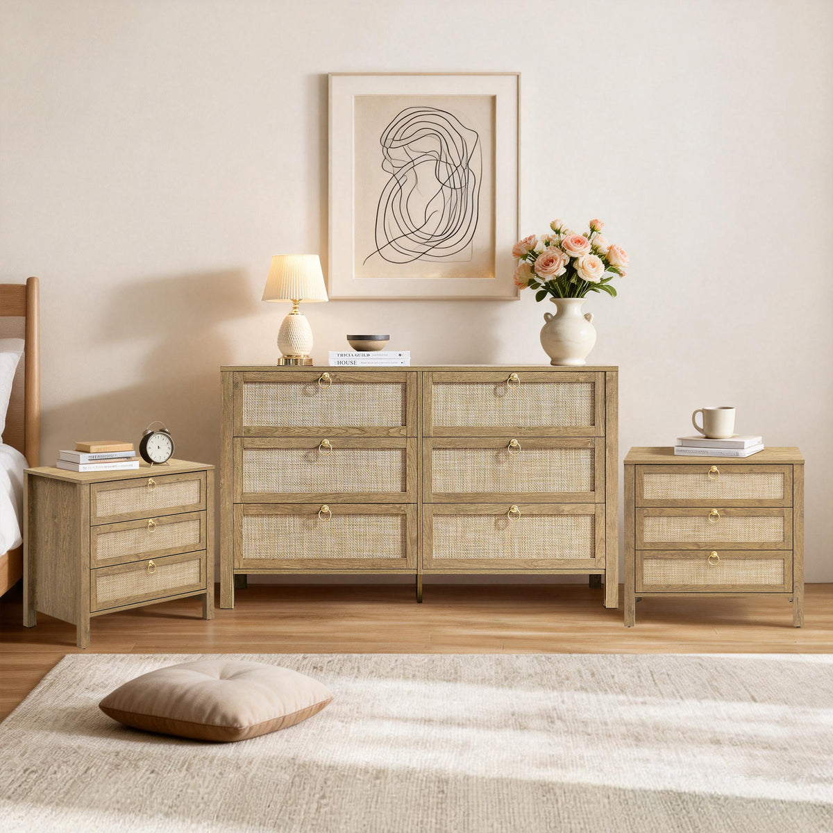 Terra 6 Drawers Dresser And Nightstands Sets, Golden Handle