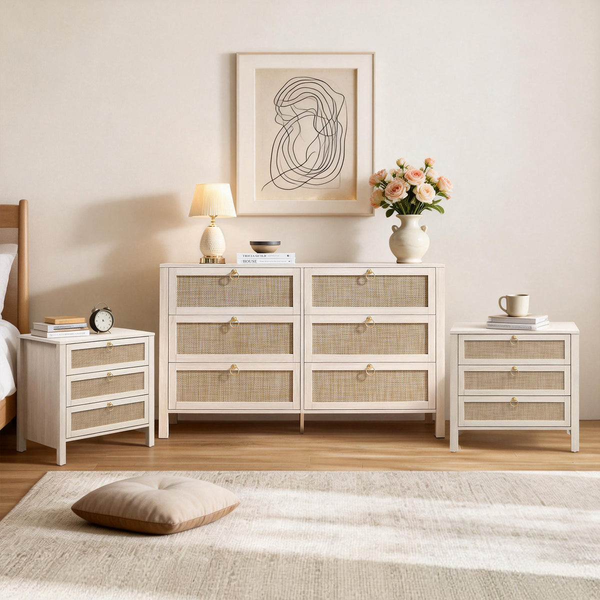 Terra 6 Drawers Dresser And Nightstands Sets, Golden Handle