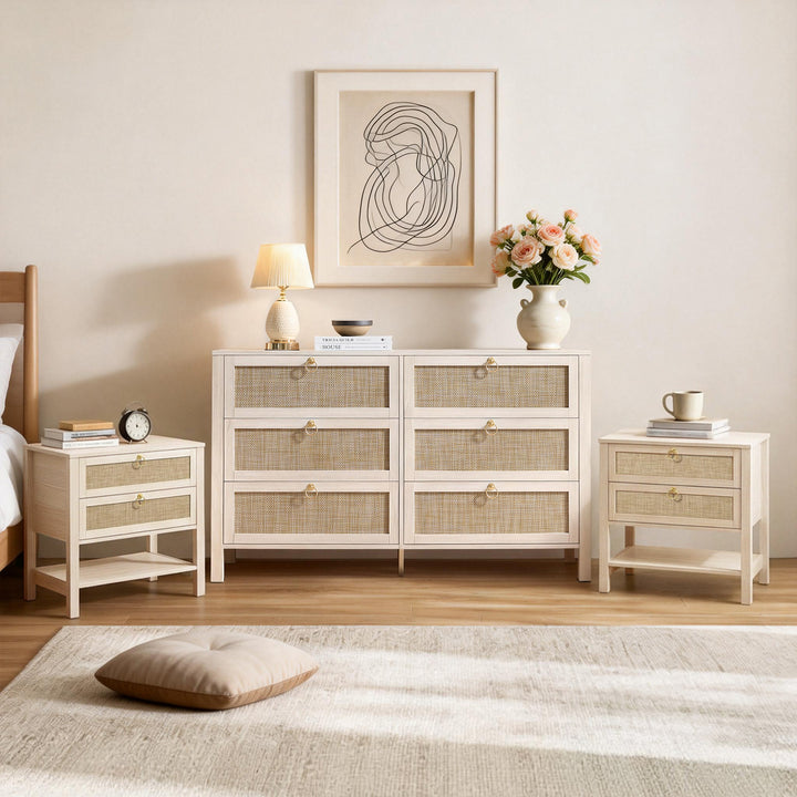 Terra 6 Drawers Dresser And White Cream Oak Nightstands Sets - White Cream Oak / 1 Set Terra 6 Drawers Dresser And White Cream Oak Nightstands Sets - White Cream Oak / 1 Set