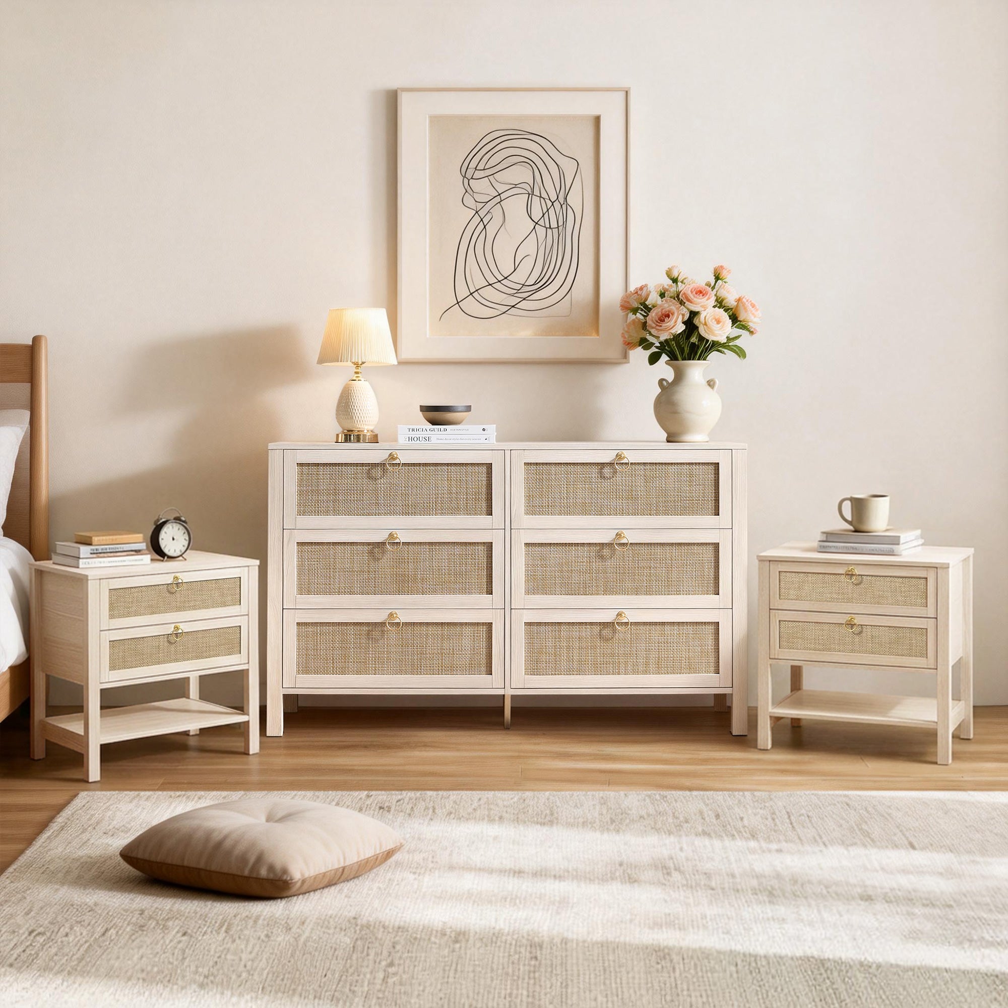 Terra 6 Drawers Dresser And White Cream Oak Nightstands Sets
