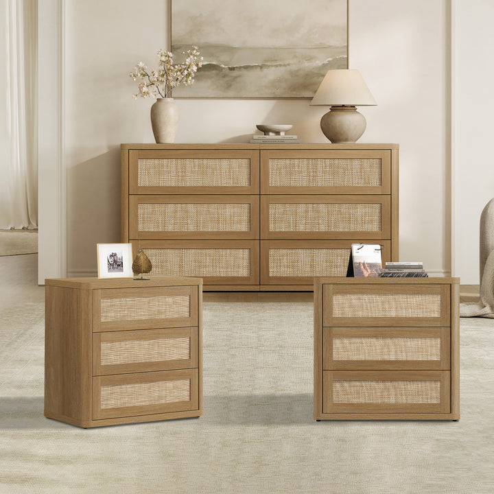 SICOTAS Zura Modular 3 Piece Bedroom Sets Dresser and Nightstand Set, Amber Oak Rattan 6-Drawer Dresser and 3-Drawer Nightstand Sets for Home