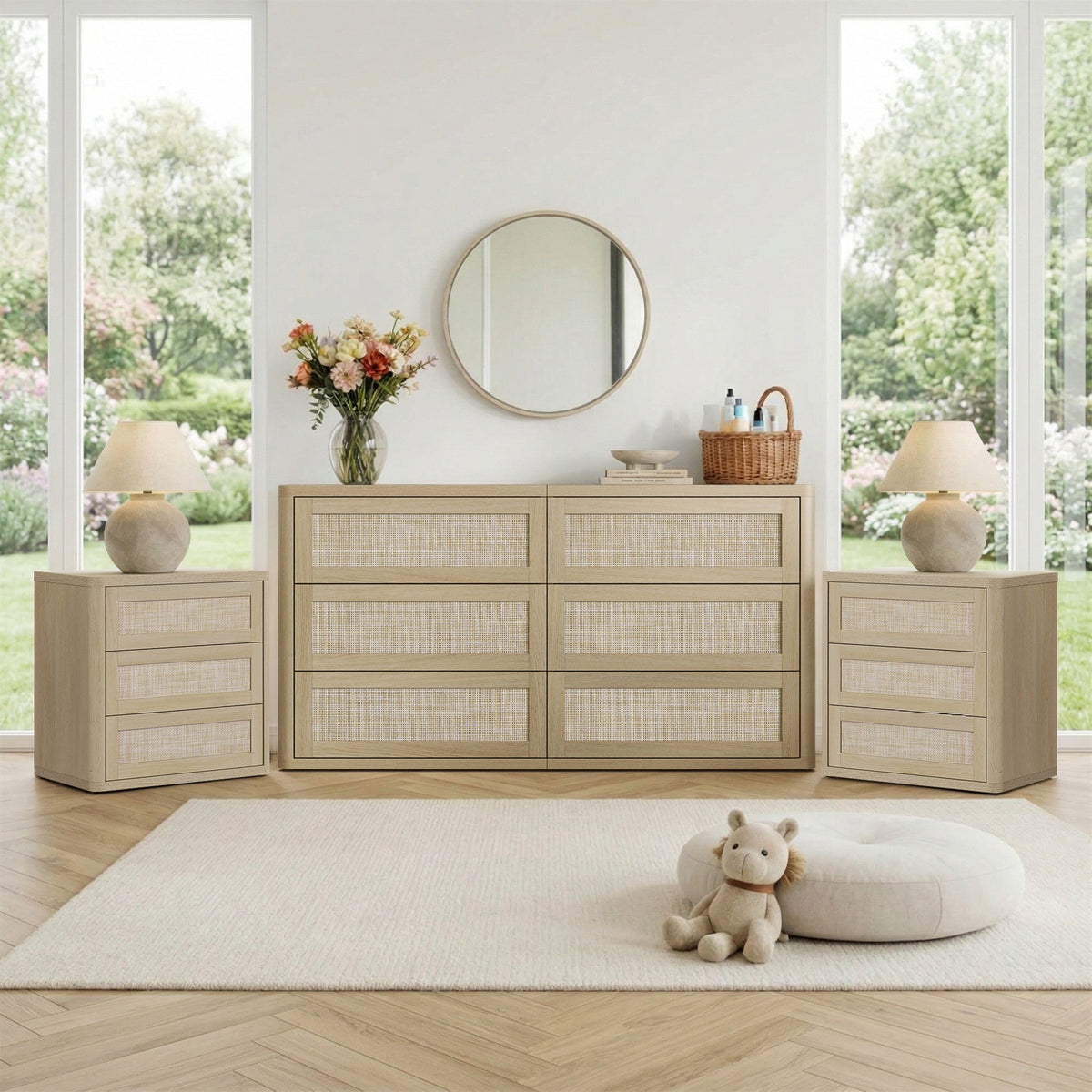 Zura Sectional Rattan Dresser and 3-Drawer Nightstand Set