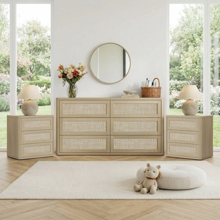 Zura Sectional Rattan Dresser and 3-Drawer Nightstand Set