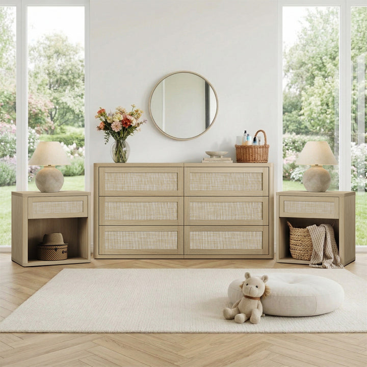 SICOTAS Zura 3 Piece Bedroom Sets Dresser and Nightstand Set, Sand Oak Rattan 6-Drawer Dresser and 1-Drawer Nightstand Sets for Home