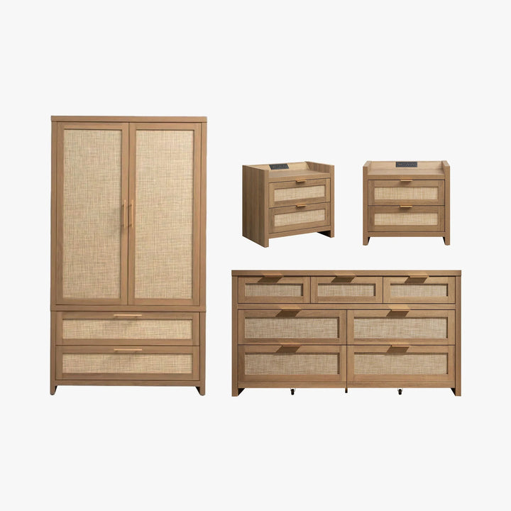 SICOTAS Rattan Wardrobe, 7 Drawers Dresser and Nightstand with Drawers 4 Piece Set, Modern Bedroom Sets with Storage and Charging Station SICOTAS Rattan Wardrobe, 7 Drawers Dresser and Nightstand with Drawers 4 Piece Set, Modern Bedroom Sets with Storage and Charging Station