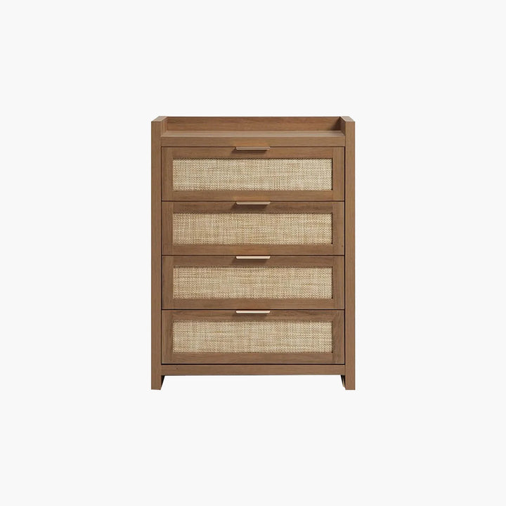 Modern brown wood dresser with four woven rattan drawers, minimalist bedroom furniture