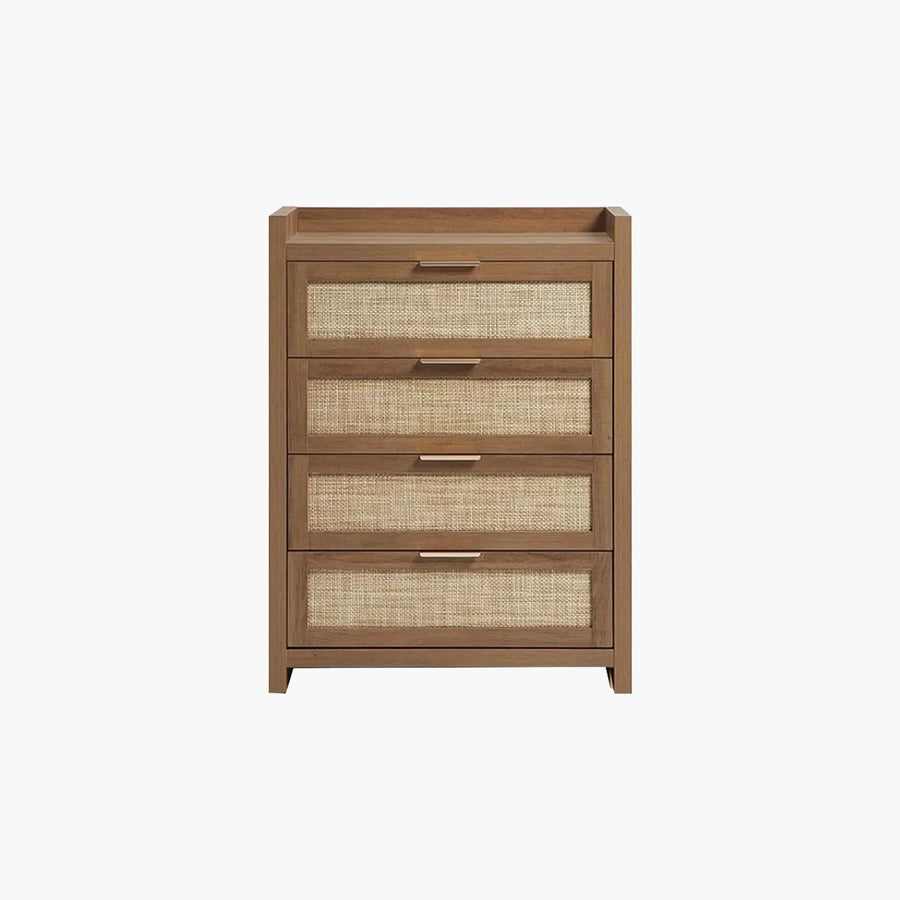 Modern brown wood dresser with four woven rattan drawers, minimalist bedroom furniture