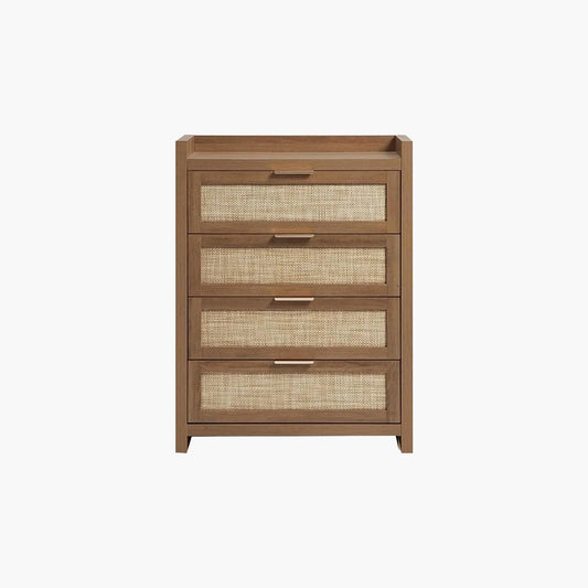 Modern brown wood dresser with four woven rattan drawers, minimalist bedroom furniture