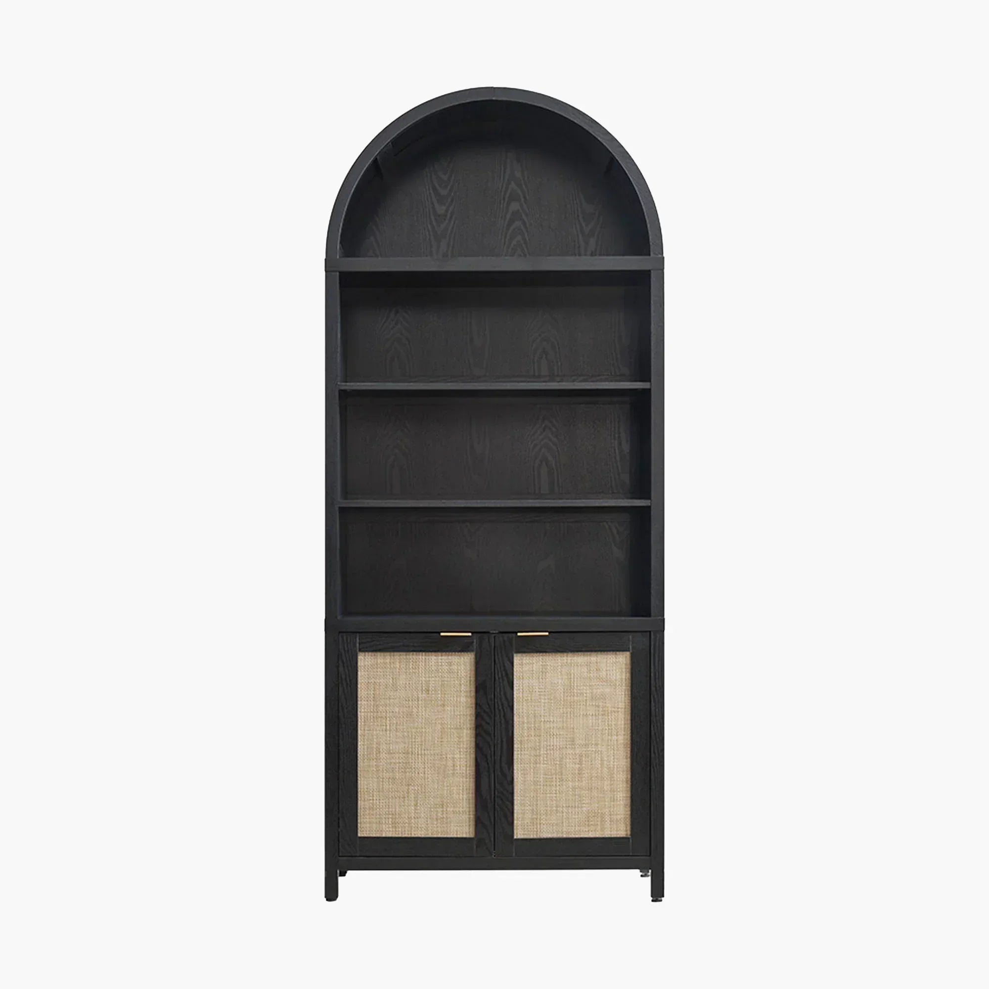 Black wood arched bookcase with open shelves and rattan cabinet doors