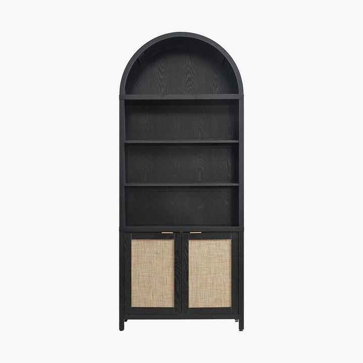 Black wood arched bookcase with open shelves and rattan cabinet doors
