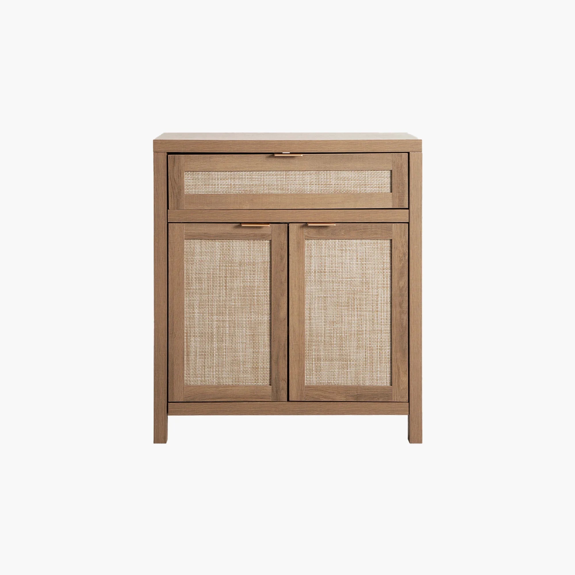 Modern wood accent cabinet with woven cane doors and drawer on white background