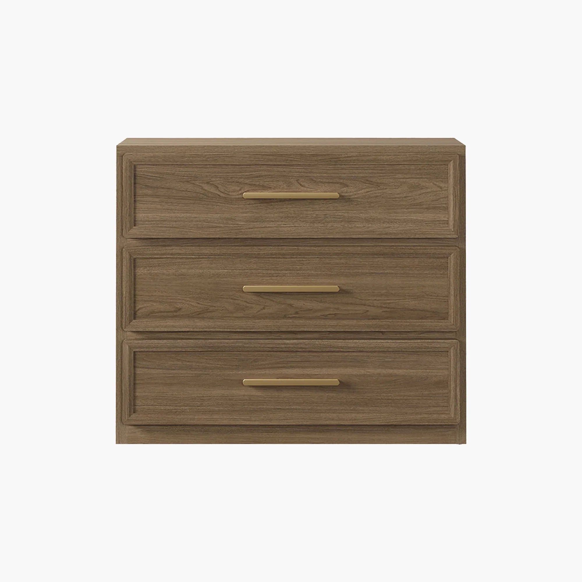 Modern three-drawer wooden dresser with gold handles on white background