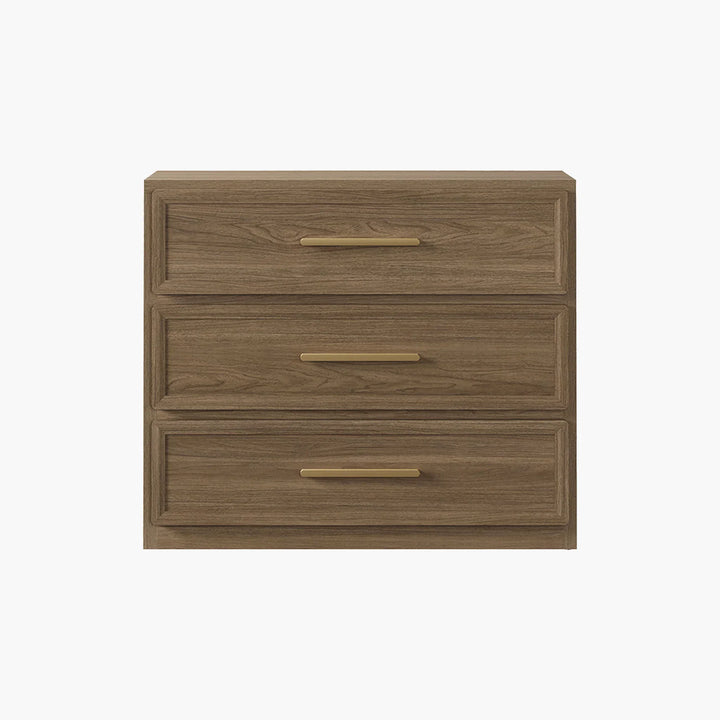 Modern three-drawer wooden dresser with gold handles on white background