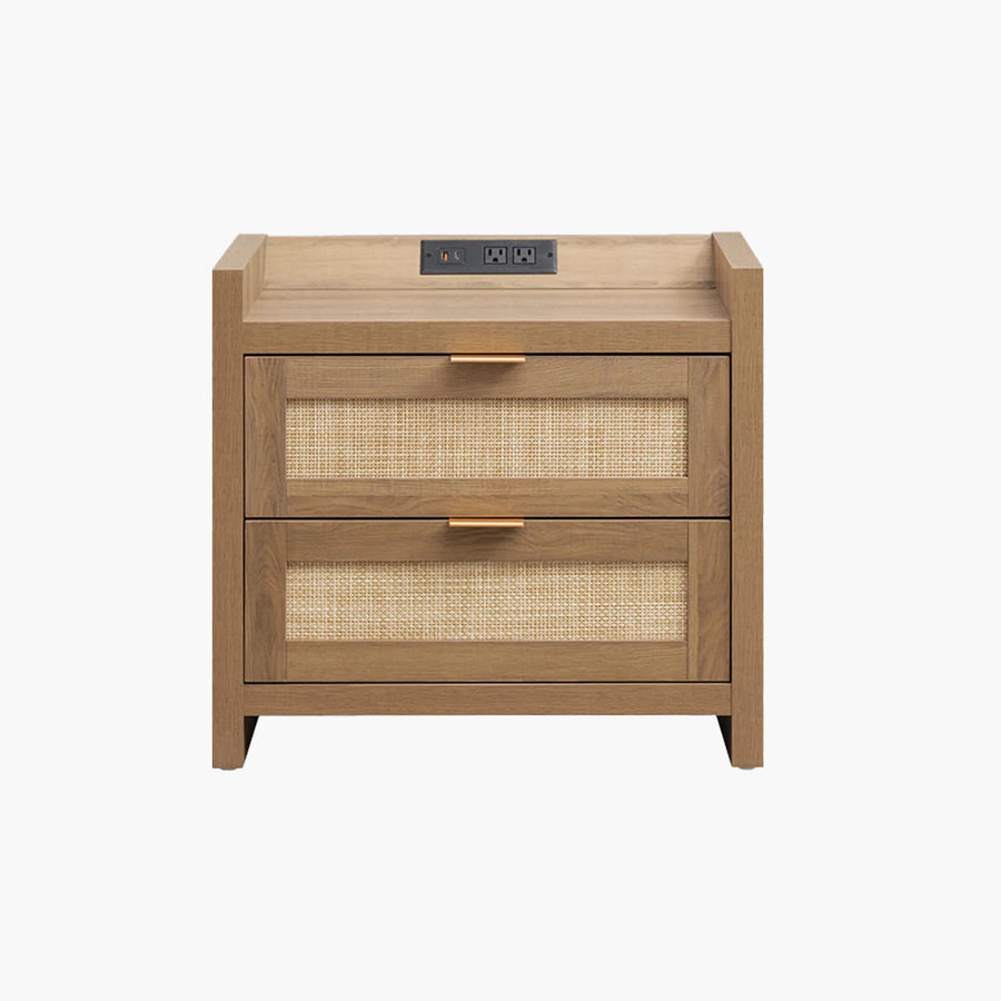 Modern wooden nightstand with rattan drawer fronts and built-in power outlets