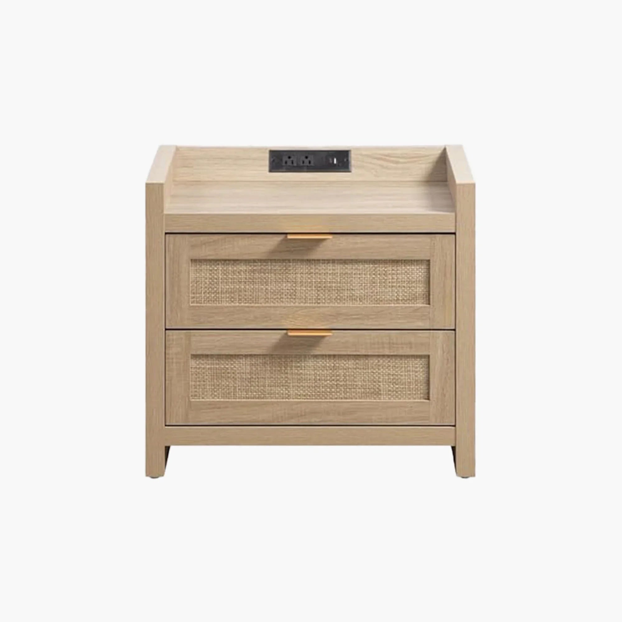 Light wood two-drawer nightstand with rattan panels and built-in power outlet