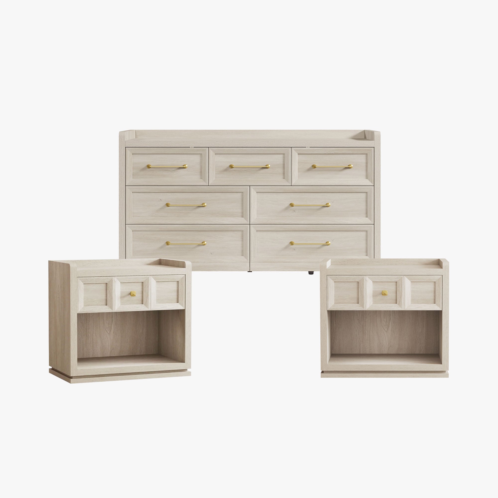 SICOTAS 3 Piece Bedroom Sets Dresser and Nightstand Set, White Cream Oak Modern 7-Drawer Dresser and 26