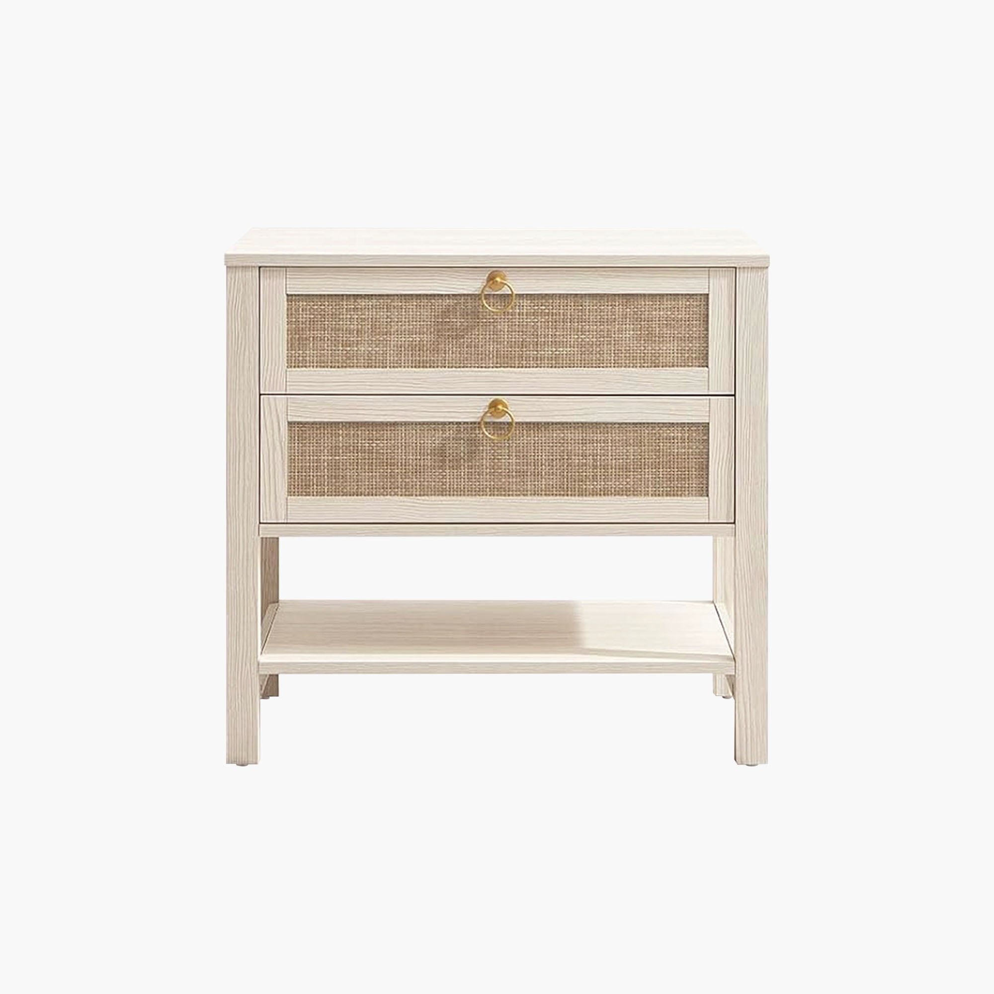 Surmoby 26.7"W Boho Nightstand Set of 2 - Coastal Farmhouse Bedside Tables with 2 Rattan Drawers & Open Shelf, Cream White Finish for Bedroom/Living Room WM
