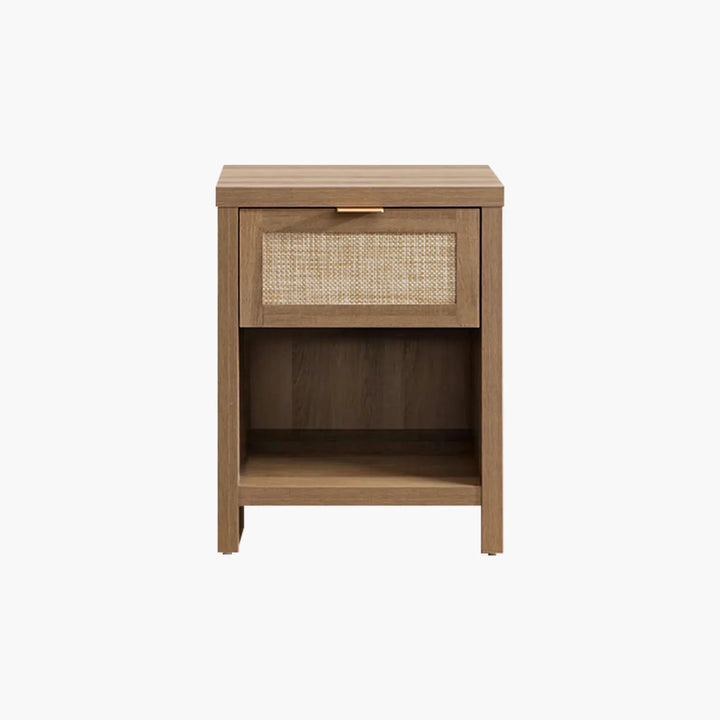 Modern wooden nightstand with woven rattan drawer and open shelf on white background
