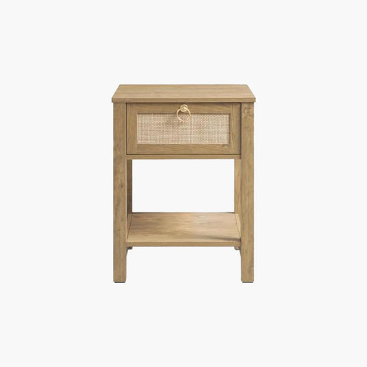 Natural wood nightstand with single wicker drawer and open bottom shelf on white background