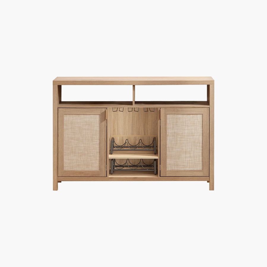 Light wood bar cabinet with open storage, woven doors, and built-in wine racks