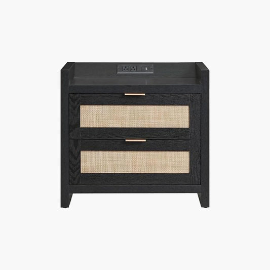 Modern black nightstand with two rattan drawers and built-in USB outlets