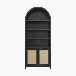 Black wood arched bookcase with open shelves and rattan cabinet doors