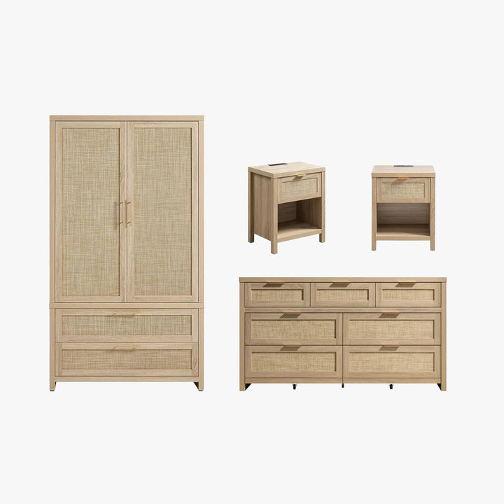SICOTAS Wardrobe, 7 Drawers Dresser and Nightstand 4 Piece Set, Rattan Closet Set with Drawers, Modern Bedroom Sets with Storage and Charging Station SICOTAS Wardrobe, 7 Drawers Dresser and Nightstand 4 Piece Set, Rattan Closet Set with Drawers, Modern Bedroom Sets with Storage and Charging Station