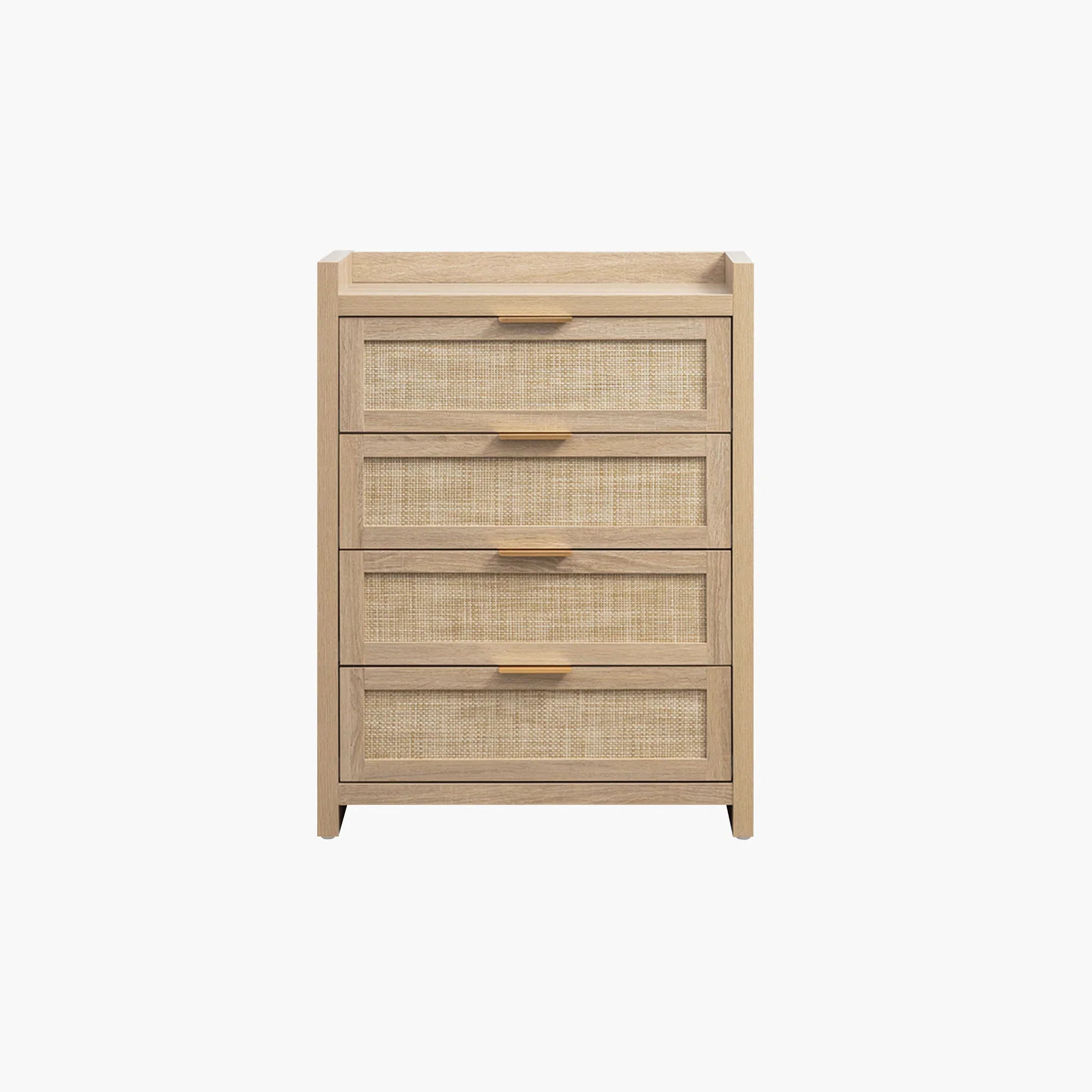 Rattan wood dresser with four drawers and gold handles, modern storage furniture