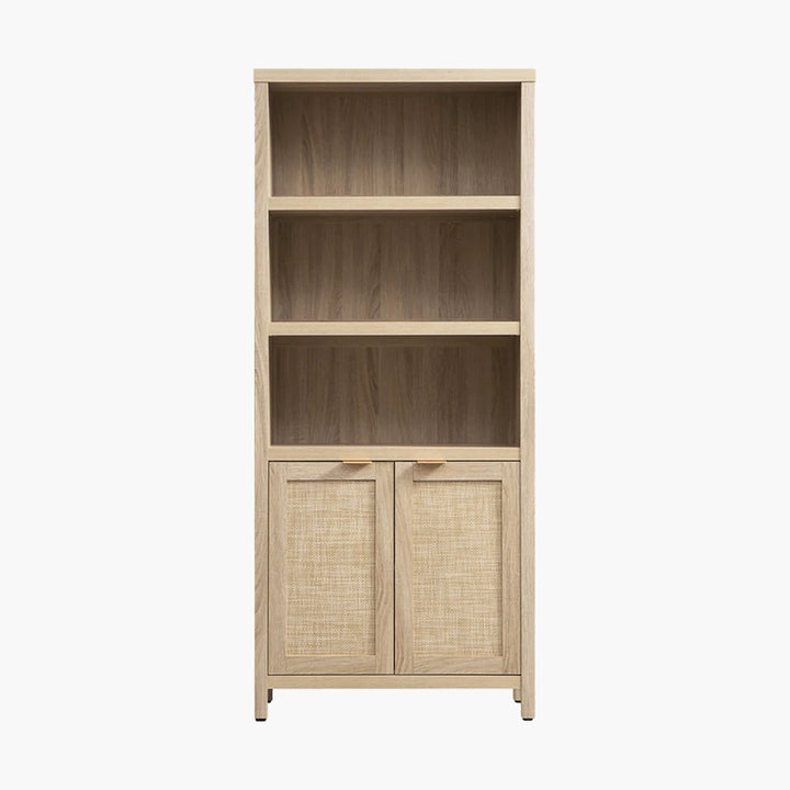 Modern light wood bookshelf with three open shelves and two rattan cabinet doors