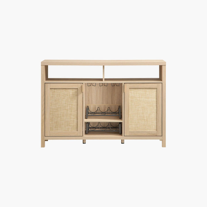 Light wood bar cabinet with cane doors, open shelves, and built-in wine rack on white background