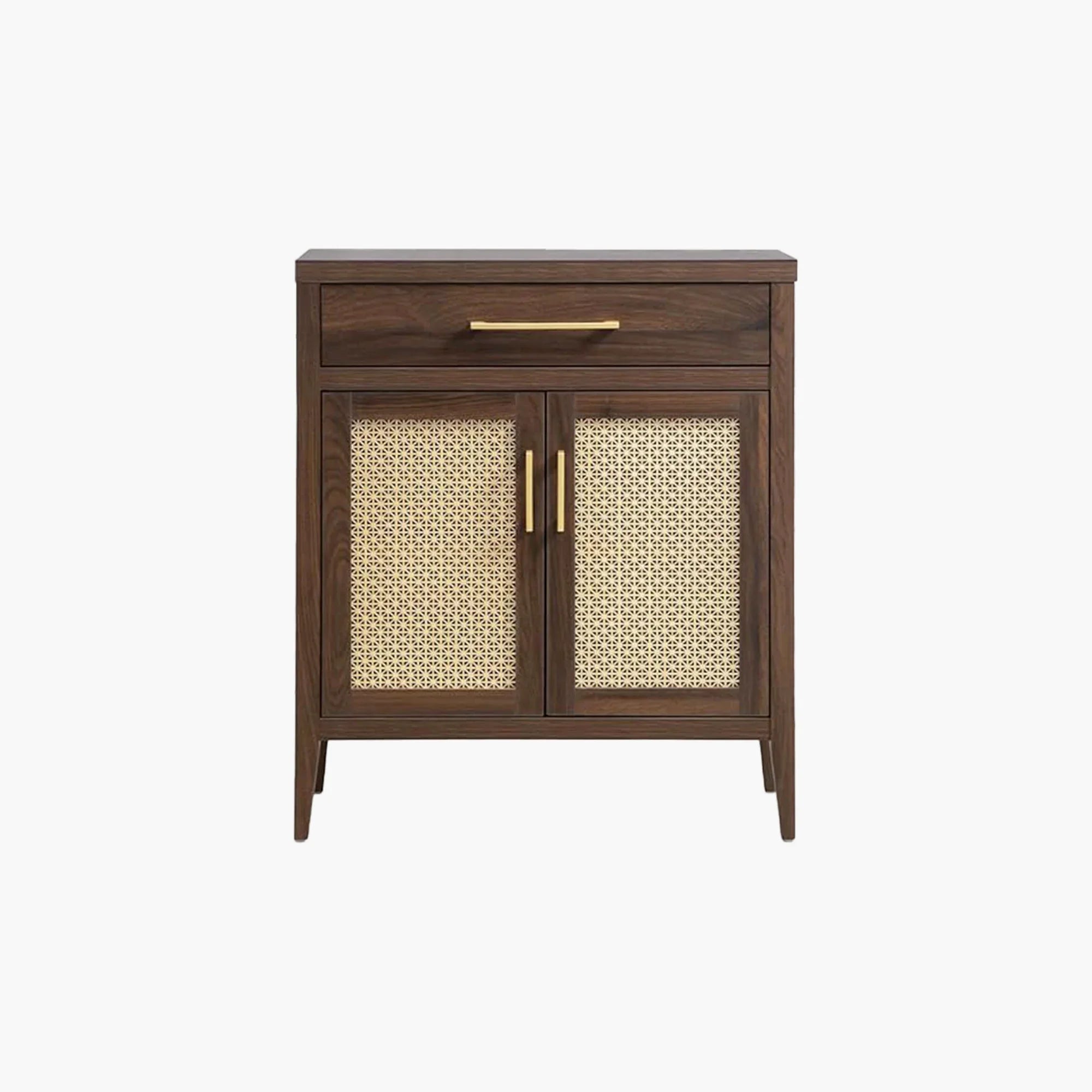 Mid-century modern wood cabinet with rattan doors and brass handles on white background