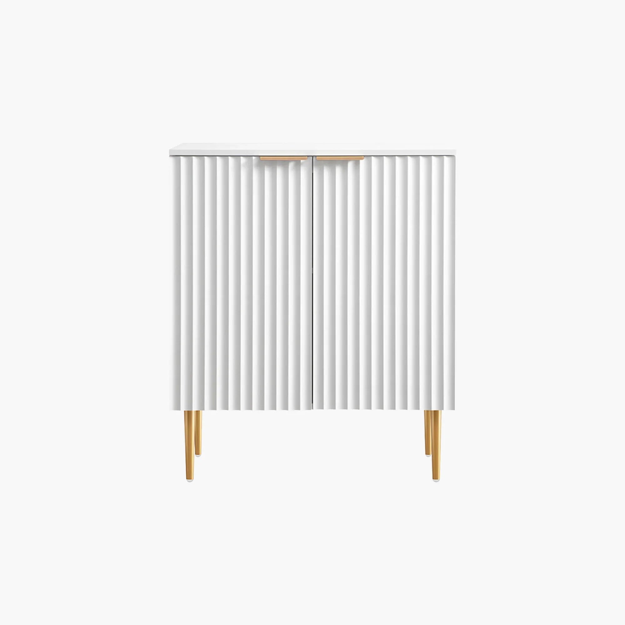Modern white fluted cabinet with gold legs on white background
