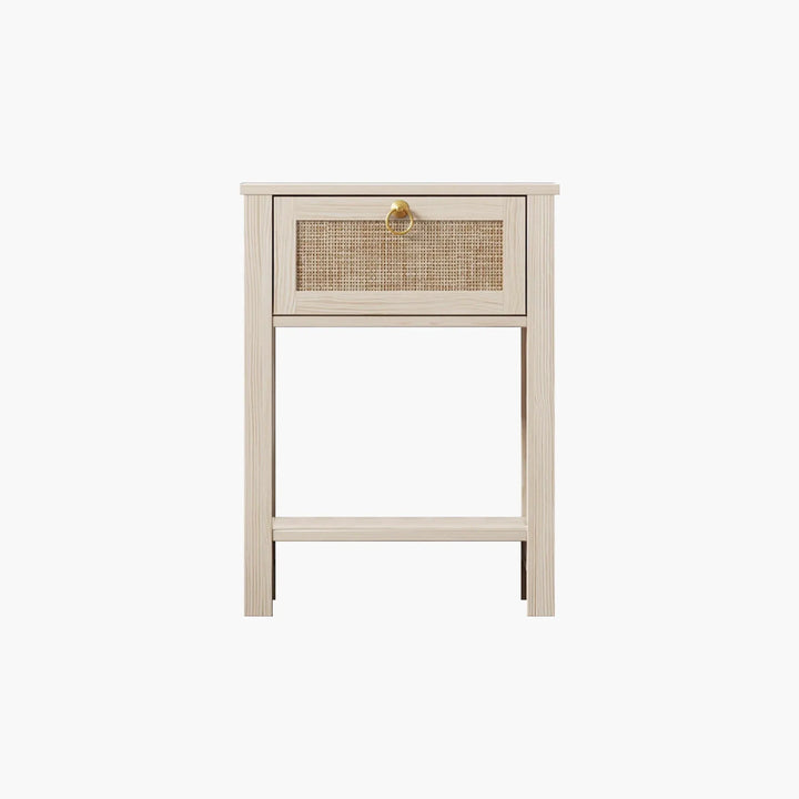 Light wood nightstand with a rattan drawer and brass knob, minimalist bedroom furniture