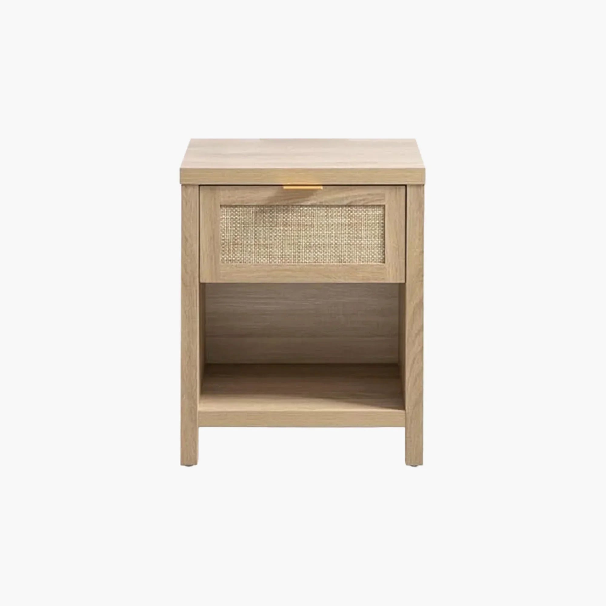Modern light wood nightstand with rattan drawer front and open storage shelf, white background