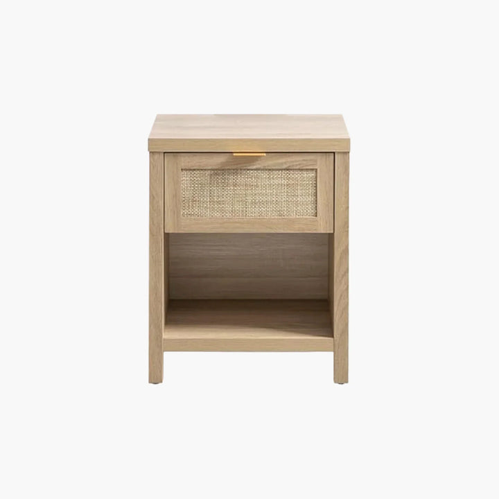 Modern light wood nightstand with rattan drawer front and open storage shelf, white background