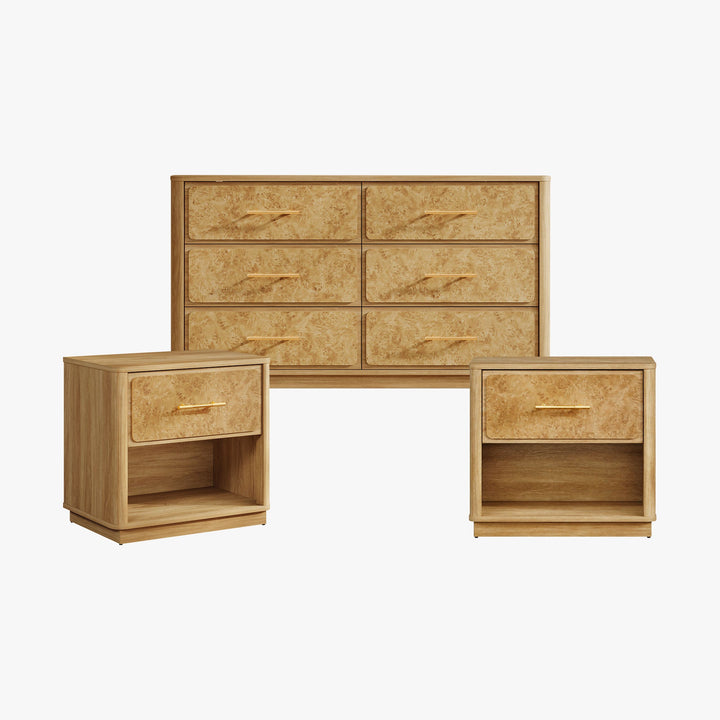 Burluxe Dresser with Drawers and Nightstands Set - Medium Brown Burl Wood - 1 Set