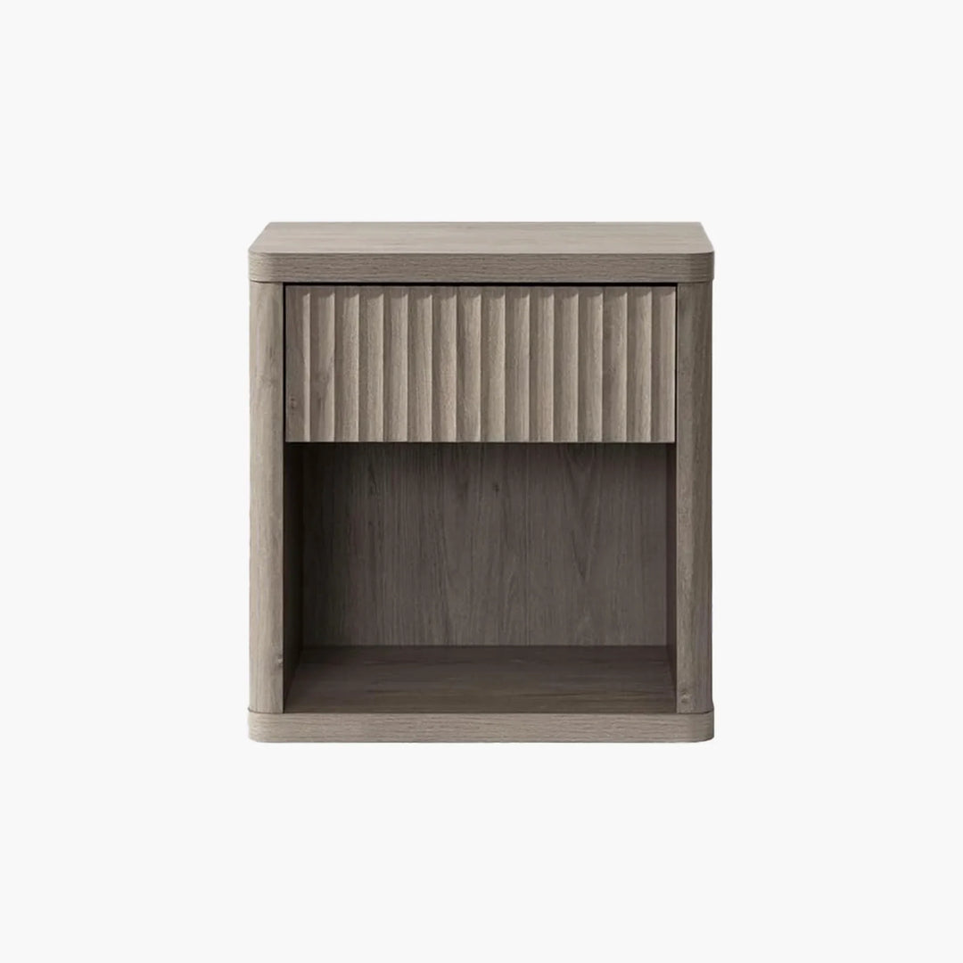 Modern wood nightstand with fluted drawer and open shelf, light brown finish