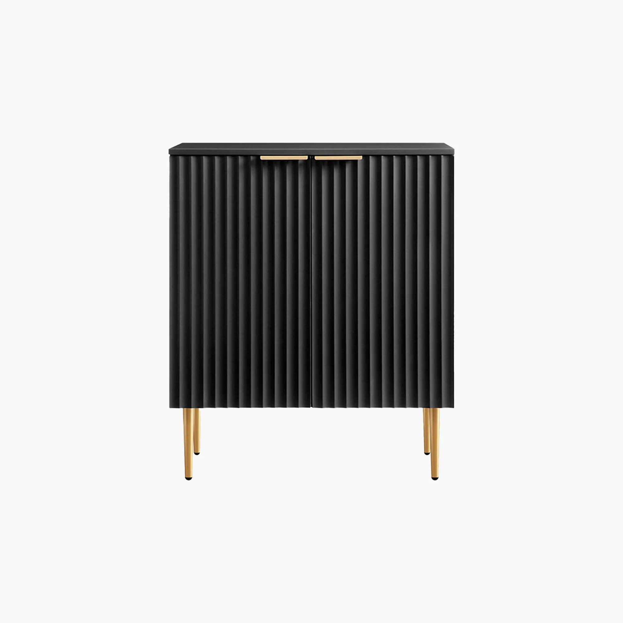 Modern black fluted cabinet with gold handles and legs on white background