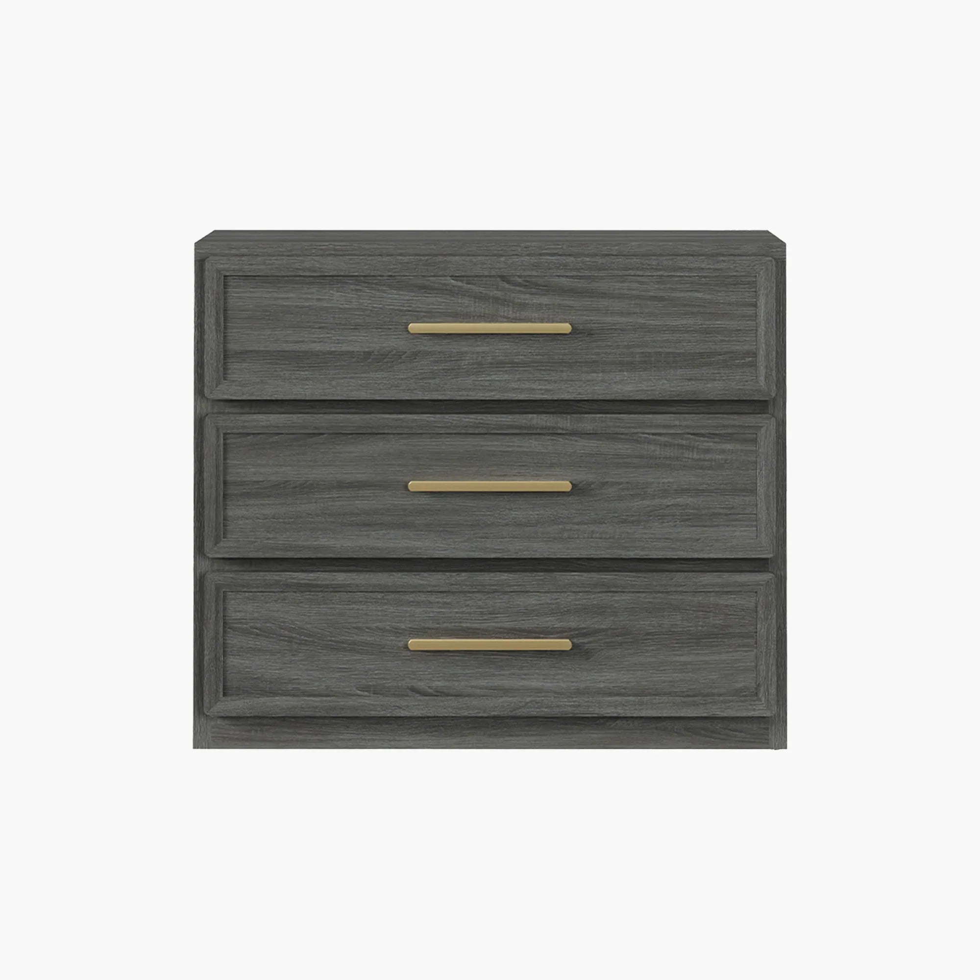 Modern dark wood three-drawer dresser with gold handles on white background