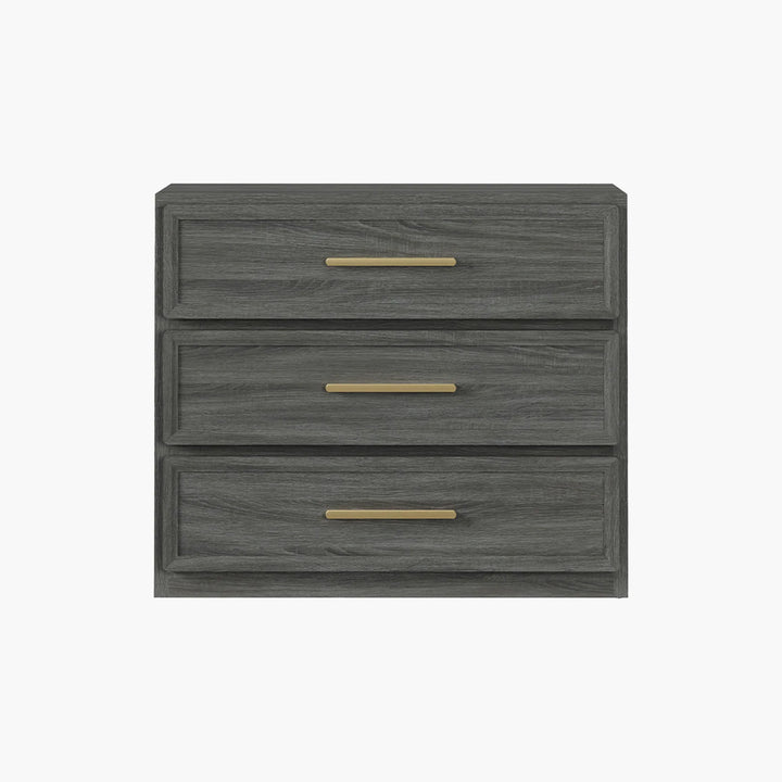Modern dark wood three-drawer dresser with gold handles on white background