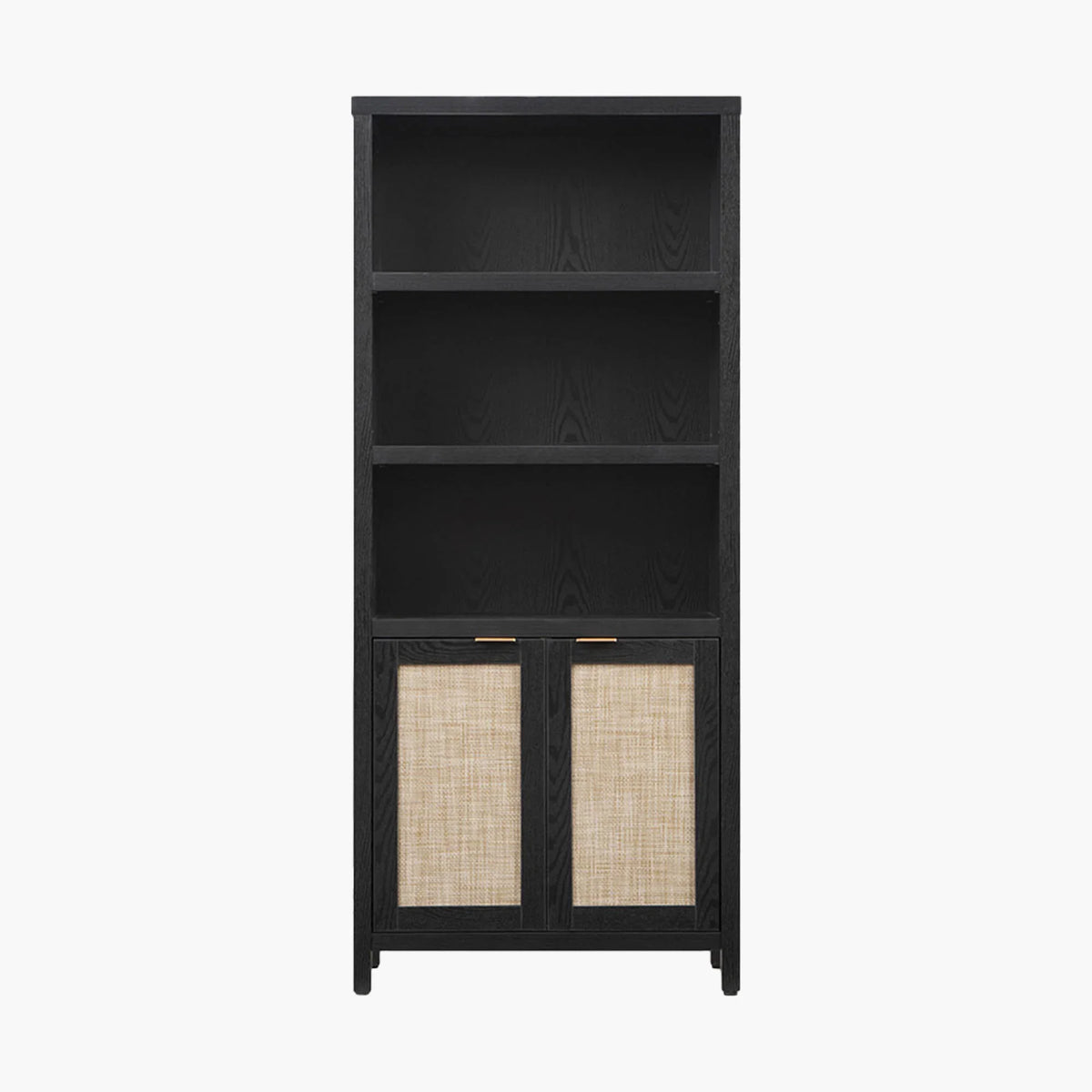 Modern black wood bookshelf with open shelves and rattan cabinet doors