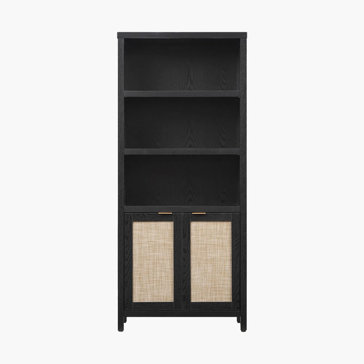 Modern black wood bookshelf with open shelves and rattan cabinet doors