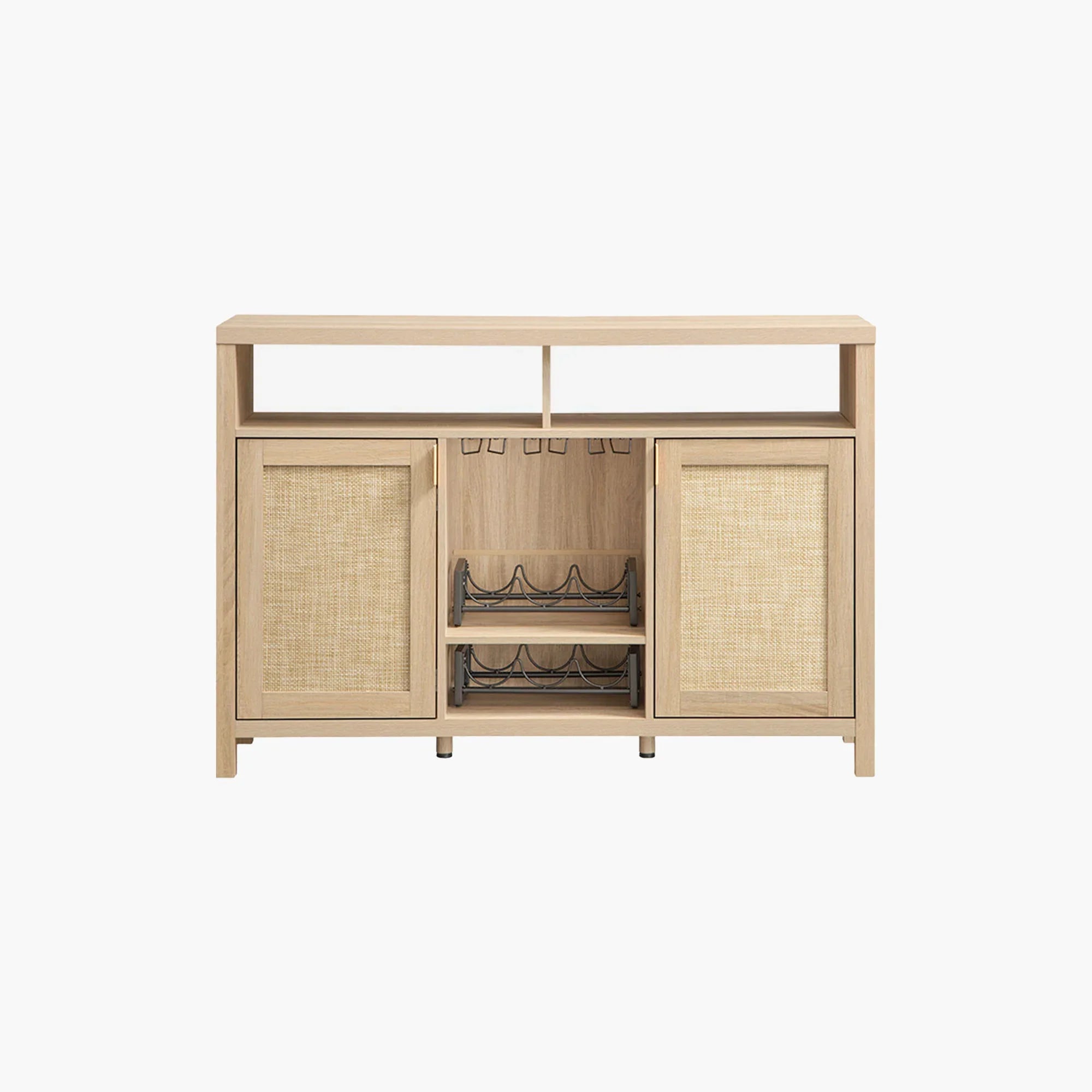 Light wood sideboard with two rattan doors, open storage shelves, and wine rack