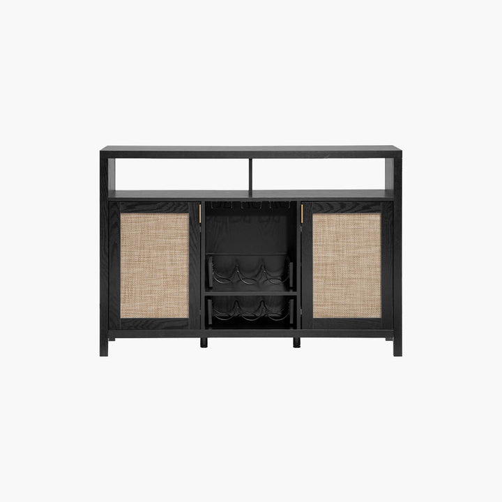 Modern black wood bar cabinet with rattan doors and built-in wine rack